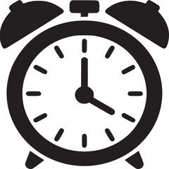 A simple black alarm clock icon with two bells on top and a white background in a vector graphic