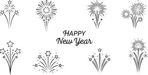 firework line icon set, happy new year firework
