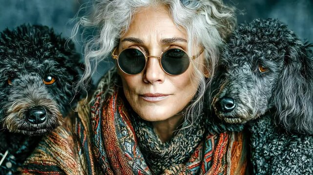 Portrait of a fashionable senior woman with long gray hair and round sunglasses, posing confidently between two curly-haired black poodles - Powered by Adobe