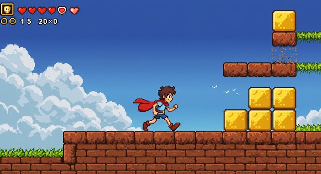 Pixel art game character running on a brick platform with a sky and clouds background