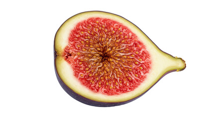 Close up of a halved fig fruit showing vibrant red interior and seeds