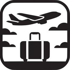 An icon showing an airplane flying above a suitcase with clouds in a black rounded square border