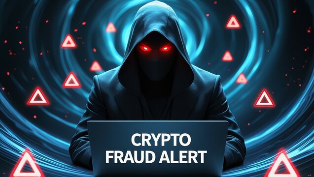 A mysterious figure in a dark hoodie with glowing red eyes sits before a laptop, warning about crypto fraud risks.
