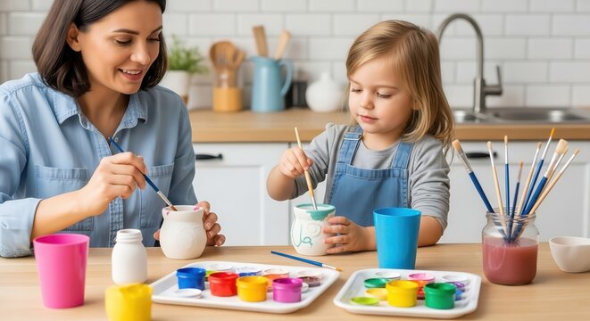 Happy Young Mother and Child Painting Pottery in Sunny Kitchen