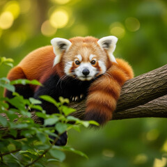 Wildlife photography of a charming Red Panda lounging on a tree limb