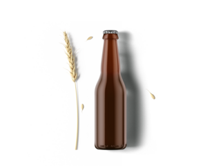 A brown glass bottle beside a wheat stalk and drops, suggesting a beverage theme, possibly beer or malt drink.