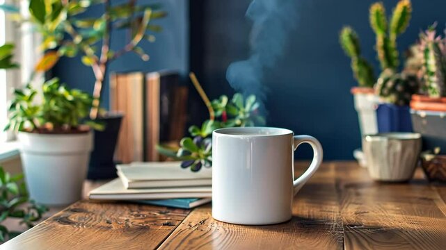 cup of hot coffee on table, minimalist style, morning or break, coffee break concept, relaxation and productivity