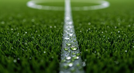 Close-up of wet artificial grass field with white line