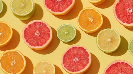 Flat lay of vibrant citrus slices on a pastel yellow surface
