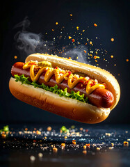 A delicious hotdog with mustard and toppings dynamically floating.