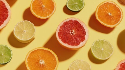 Obraz premium Colorful assortment of sliced citrus fruits placed on a vibrant yellow background