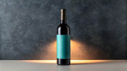 Single red wine bottle with teal label