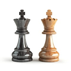 Black and White Wooden King Chess Pieces Isolated on a Seamless White Background