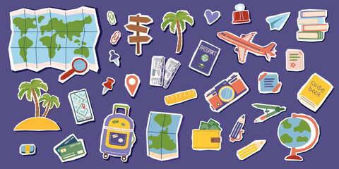 Set of travel objects isolated on purple background. Travel, journey and vacation concept. Vector flat stickers liparts. © Julia Anisimova