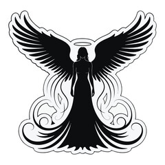 Fototapeta premium Black Silhouette Angel Woman Large Wings Halo Dress Floral Design Tattoo Style Graphic