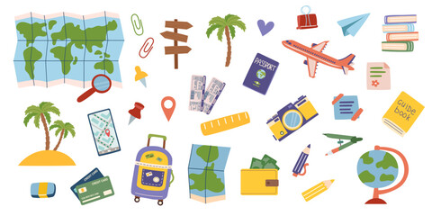 Set of travel objects isolated on white. Travel, journey and vacation concept. Vector flat cliparts.	