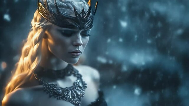 Blond fantasy queen wearing dark metal crown, standing in regal pose with closed eyes, surrounded by wintry snowscape, embodying mythical nordic elegance and mysterious power