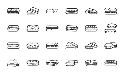 Black and white outline vector set of various sandwich and burger illustrations