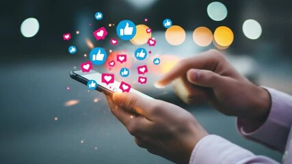 A person uses a smartphone and social media likes and hearts float above the screen - Powered by Adobe