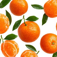 Mandarin oranges with green leaves on a white background.  The image features a vibrant pattern of whole and peeled mandarin oranges arranged artfully. 