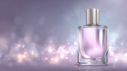 Elegant Glass Perfume Bottle with Soft Purple Background and Bokeh Effect