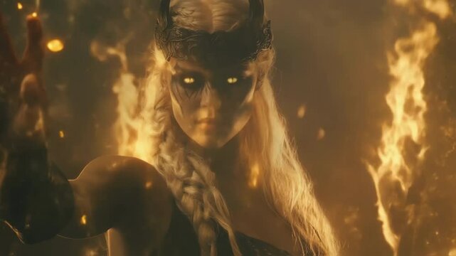 Blonde warrior woman with horns and glowing eyes, wearing dark fantasy clothing and a crown, conjures magic with an open hand in front of a blazing fire