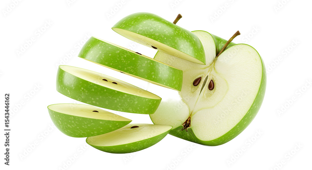 Poster close up of a fresh green apple sliced into several floating pieces