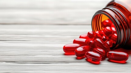 The image presents a jar containing shiny red gel capsules spilling onto a wooden surface, highlighting themes of health supplements and wellness products.