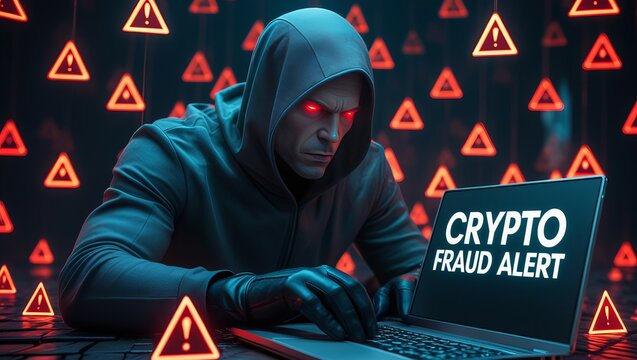 A male figure in a hooded sweatshirt and gloves intensely focuses on a laptop displaying a 'CRYPTO FRAUD ALERT' message against a dark, ominous backdrop.