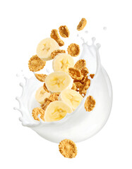Cereal flakes and banana slices are captured mid-air, falling into a dynamic splash of milk.