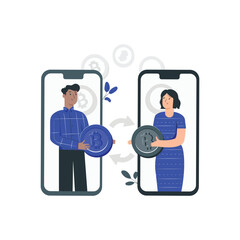 a man and woman are holding a coin on their phones