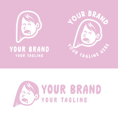 Playful pink cartoon girl logo with an expressive face. Ideal for creative kids' brands, personal logos, or product packaging. Fully editable EPS vector file included