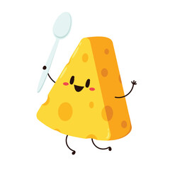 Cute happy cheese character. Funny food emoticon in flat style. Dairy emoji vector illustration.