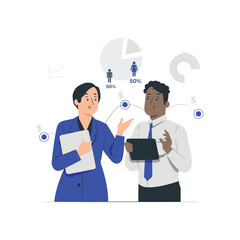 two people are talking about business and graphs