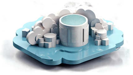 Isometric 3 D Render White Cloud Server Icon on Light Blue Cloud Shaped Platform with White Cloud Elements isolated on a transparent background