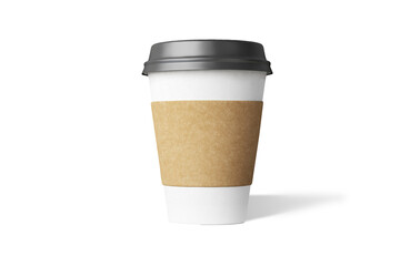 A disposable coffee cup with a cardboard sleeve, commonly used for serving hot beverages.