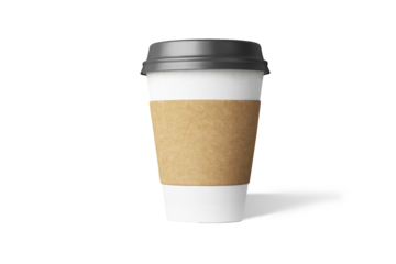 A disposable coffee cup with a cardboard sleeve, commonly used for serving hot beverages.
