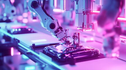 Robotic arms assembling car parts in a futuristic automotive factory with advanced automation systems and high-tech production lines automation, robotics, car factory, industry 4.0