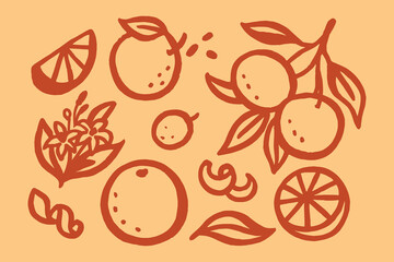 Orange fruit slices leaves naive sketch vector illustration set