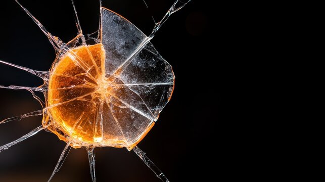 An artistic depiction of a shattered glass disc illuminated by an orange light, representing fragility, beauty, and the striking contrast between strength and vulnerability.
