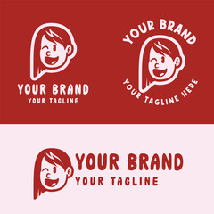 Playful pink cartoon girl logo with an expressive face. Ideal for creative kids' brands, personal logos, or product packaging. Fully editable EPS vector file included