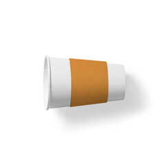 A white disposable coffee cup with a brown paper sleeve, typically used for hot beverages.