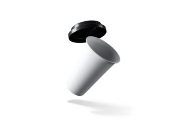 A floating white cup with a black lid, suggesting a beverage container.