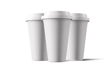Three disposable cups with lids, designed for beverages, showcasing a minimalist aesthetic.