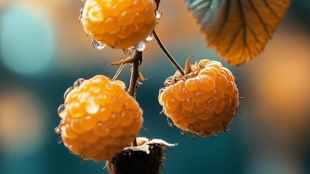 Close-up of wet, golden raspberries on a branch