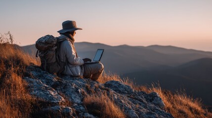 Digital nomad working outdoors on a laptop with stunning mountain views