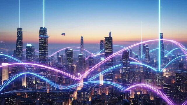 A futuristic city at night with flying cars and glowing lines connecting buildings, representing advanced technology and urban development