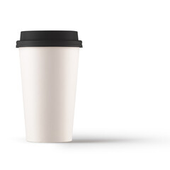 A plain disposable coffee cup with a black lid, casting a soft shadow on a surface.