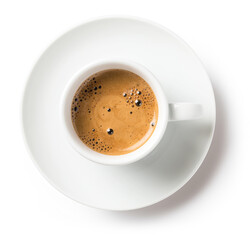 A close-up view of a cup of espresso on a white saucer, showcasing its rich crema and inviting aroma.