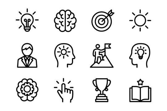A Set of 12 Black and White Line Art Icons Ideas, Goals, and Success